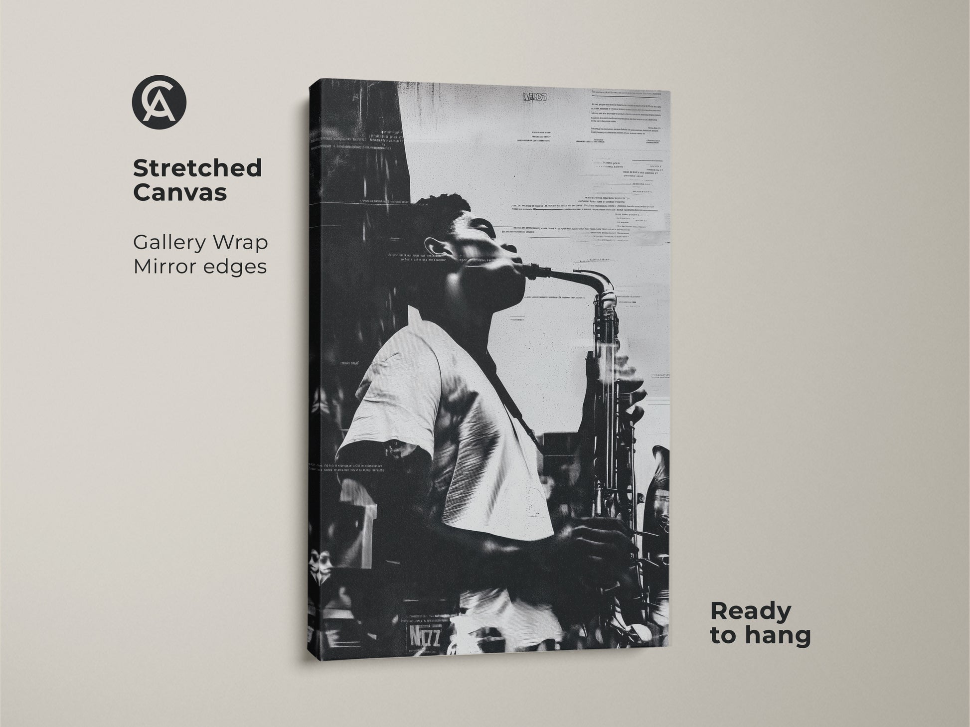 Stretched canvas showcasing a black and white saxophone art piece. The gallery wrap gives it a modern look. Mirror edges enhance the artwork's depth. Perfect for music enthusiasts seeking unique wall decor. Ready to hang and admire.