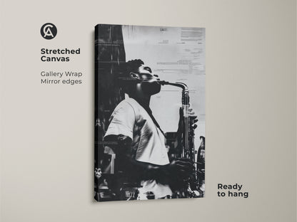 Stretched canvas showcasing a black and white saxophone art piece. The gallery wrap gives it a modern look. Mirror edges enhance the artwork's depth. Perfect for music enthusiasts seeking unique wall decor. Ready to hang and admire.