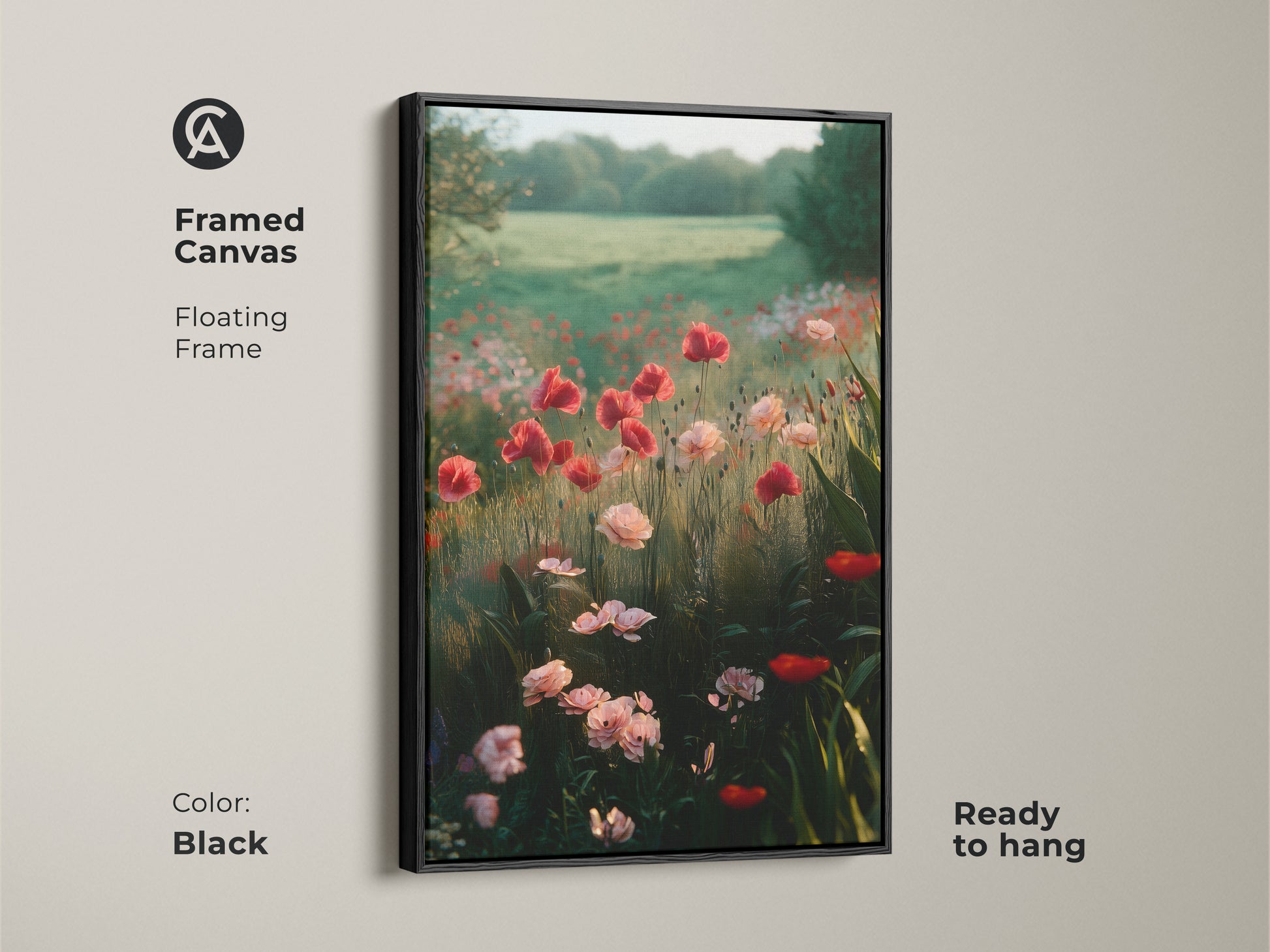 Framed canvas featuring a poppy field with a black floating frame. This romantic floral wall art is ready to hang. It showcases an impressionistic nature landscape. Ideal for adding a touch of natural beauty to your home.