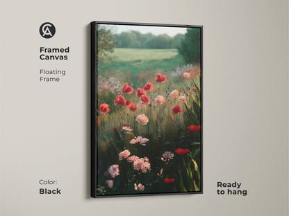 Framed canvas featuring a poppy field with a black floating frame. This romantic floral wall art is ready to hang. It showcases an impressionistic nature landscape. Ideal for adding a touch of natural beauty to your home.