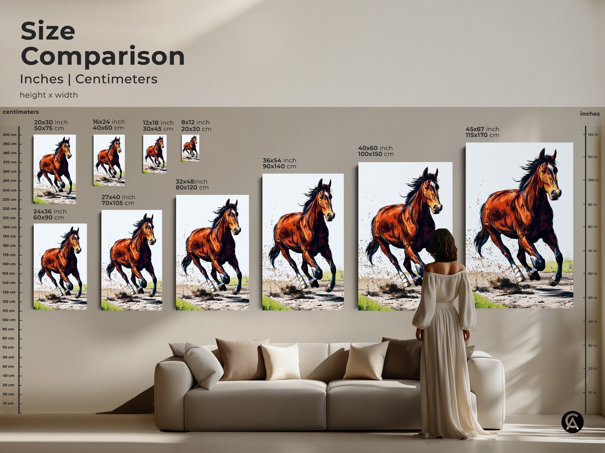 Size comparison of the chestnut horse artwork in inches and centimeters. Visualize how the art fits in your space. Choose from various sizes of this dynamic animal artwork. Shop now for home decor.