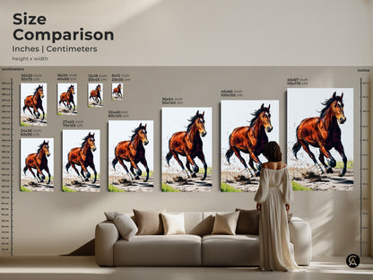 Size comparison of the chestnut horse artwork in inches and centimeters. Visualize how the art fits in your space. Choose from various sizes of this dynamic animal artwork. Shop now for home decor.