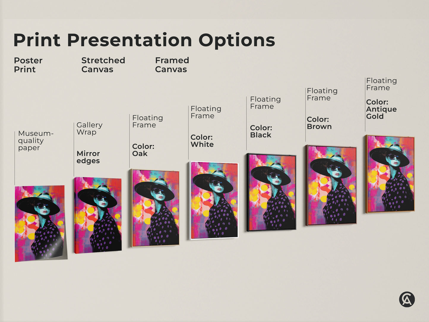 Print presentation options featuring a pop art woman portrait. Choose from poster print stretched canvas and framed canvas. Floating frame options in black brown oak antique gold and white.