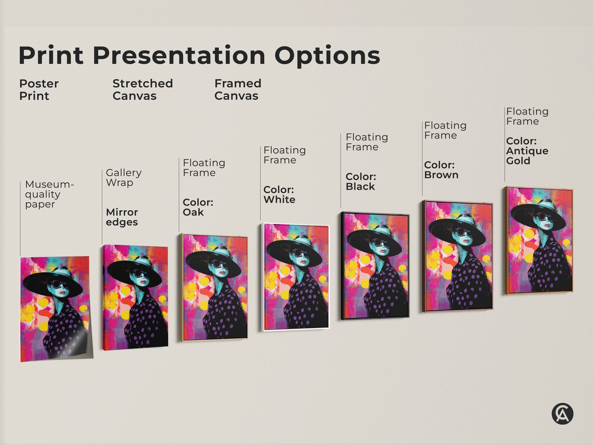 Print presentation options featuring a pop art woman portrait. Choose from poster print stretched canvas and framed canvas. Floating frame options in black brown oak antique gold and white.