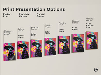 Print presentation options featuring a pop art woman portrait. Choose from poster print stretched canvas and framed canvas. Floating frame options in black brown oak antique gold and white.