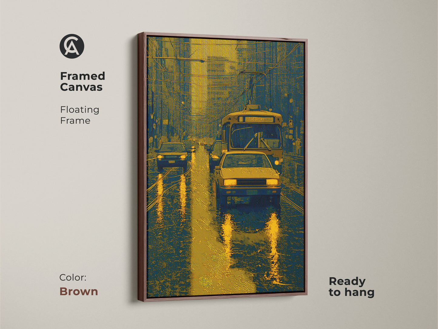 This framed canvas artwork captures a rainy city street scene. The piece features cars and a bus in blue and gold tones. The brown floating frame enhances the artwork. It arrives ready to hang in your space.