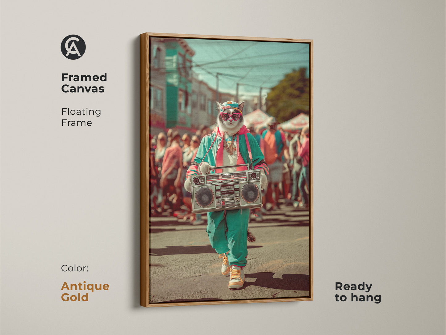 Framed Canvas in Antique Gold featuring Cool Cat with Boombox art. This cat wearing sunglasses print with floating frame is ready to hang. The 80s vibe art stands out.