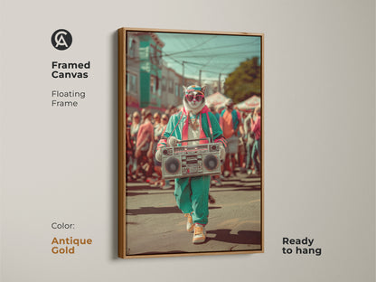 Framed Canvas in Antique Gold featuring Cool Cat with Boombox art. This cat wearing sunglasses print with floating frame is ready to hang. The 80s vibe art stands out.