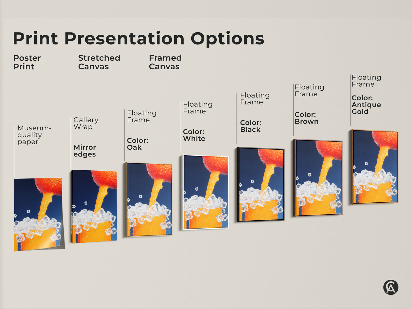 Explore print presentation options for abstract orange juice art. Choose from poster print stretched canvas or framed canvas. Find the perfect style from gallery wrap to floating frame. Enhance your space with modern beverage artwork.