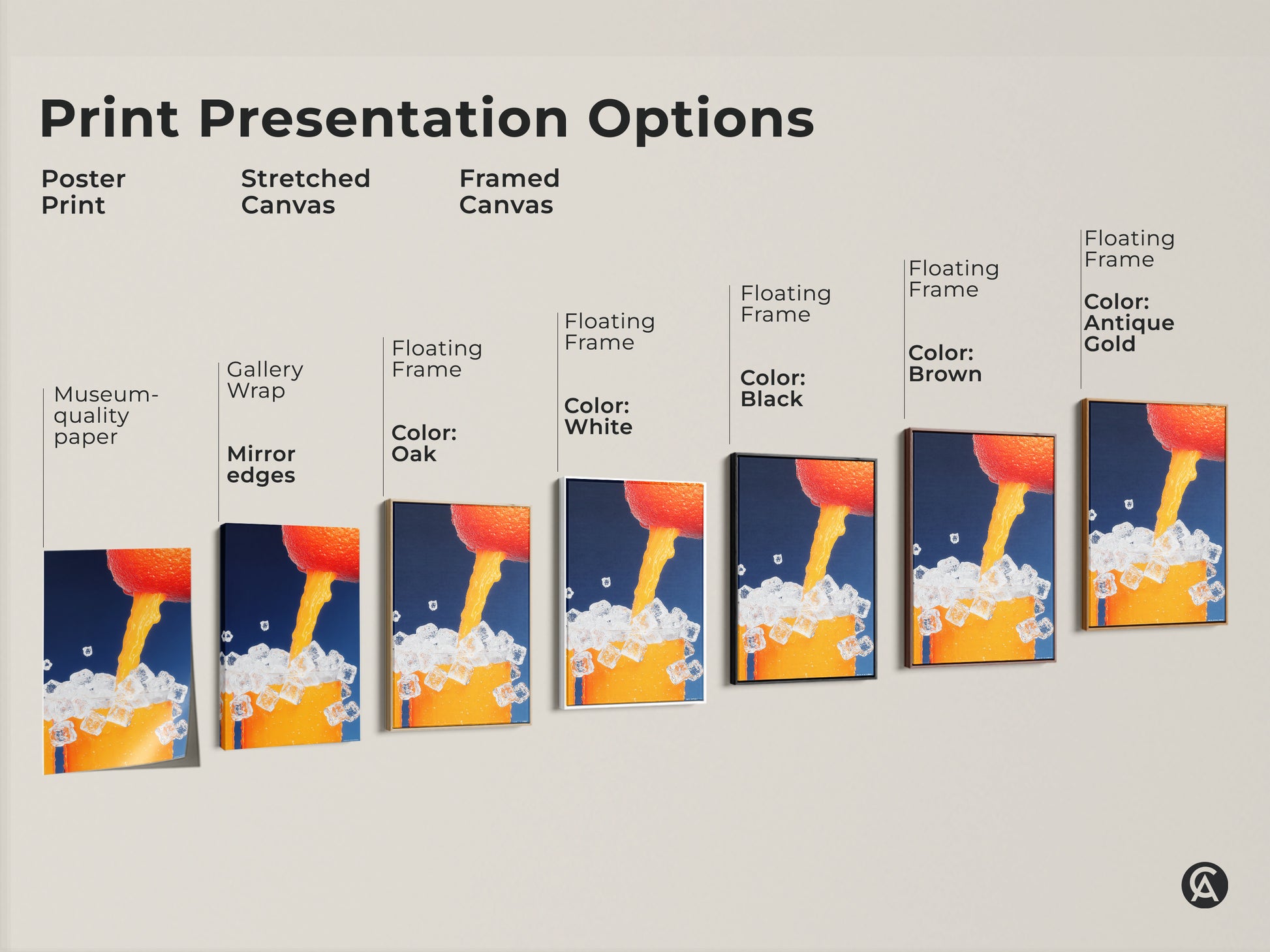 Explore print presentation options for abstract orange juice art. Choose from poster print stretched canvas or framed canvas. Find the perfect style from gallery wrap to floating frame. Enhance your space with modern beverage artwork.