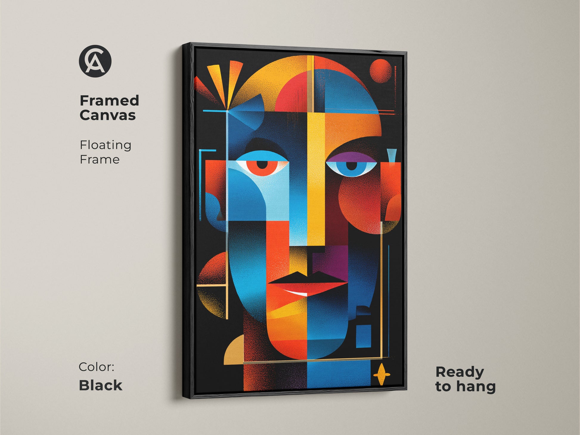 Framed canvas featuring a vibrant abstract face art. This floating frame in black enhances the colorful geometric artwork. The wall art is ready to hang. It adds a modern touch to your home decor.