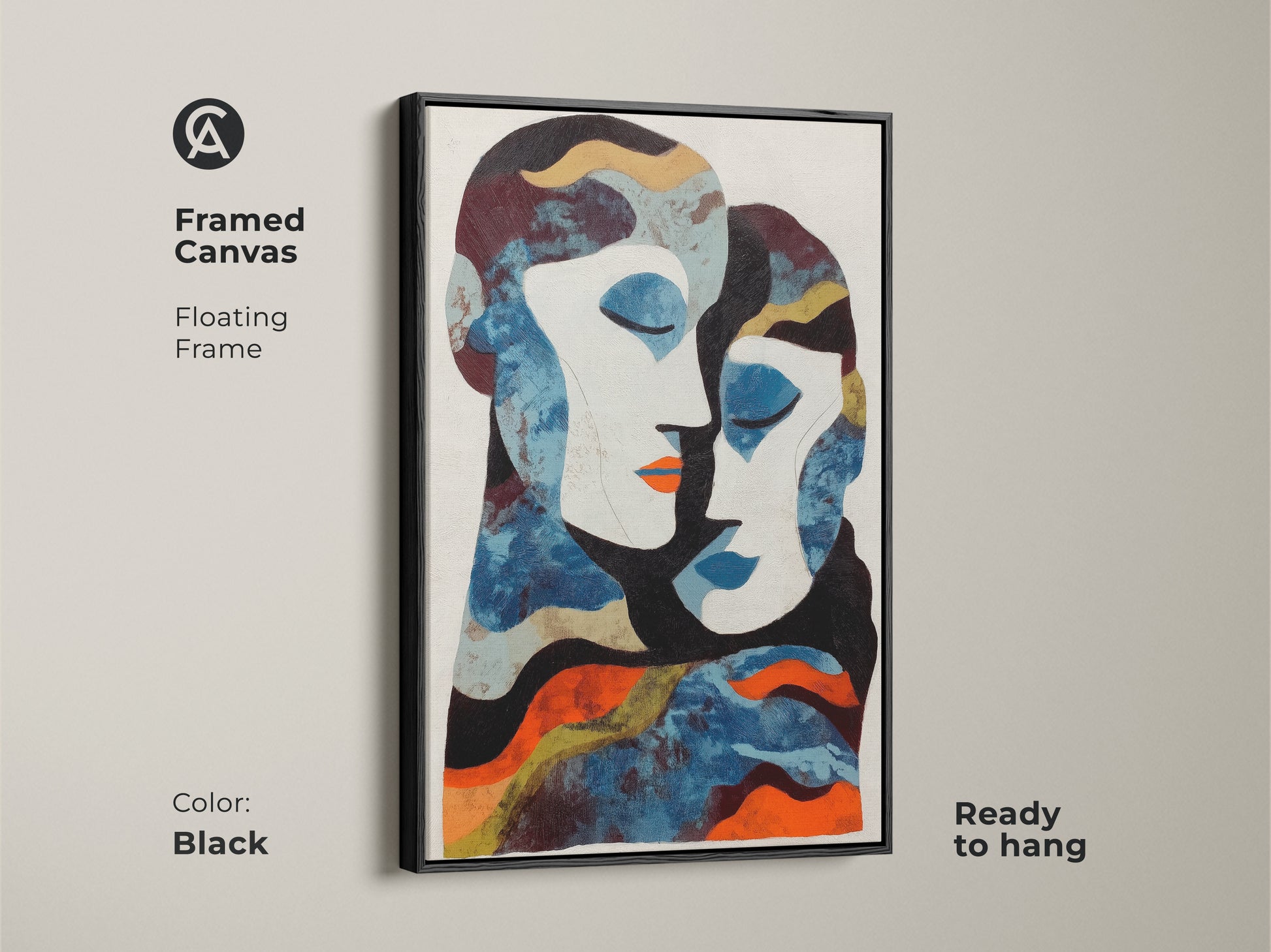 Add a touch of modern elegance with this abstract couple wall art. The blend of blue and orange creates a striking visual. This figurative art print serves as a perfect anniversary gift for partners.