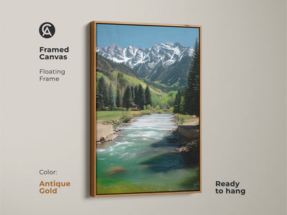 Framed canvas art with an antique gold floating frame. This mountain river landscape features snowy peaks and teal blue water. Ready to hang it adds a touch of rustic elegance to your decor.