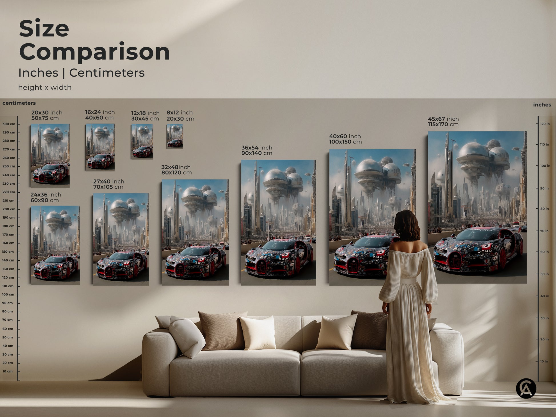 Size comparison of futuristic cityscape hypercar art. See the automotive artwork in various sizes from 20x30 cm to 45x67 inch canvas and posters. Visualize how the red and black print looks above a sofa. Find the perfect size for your F1 fan gift science fiction decor.