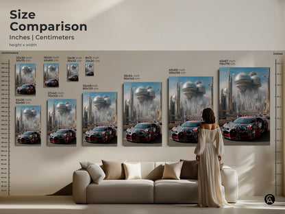 Size comparison of futuristic cityscape hypercar art. See the automotive artwork in various sizes from 20x30 cm to 45x67 inch canvas and posters. Visualize how the red and black print looks above a sofa. Find the perfect size for your F1 fan gift science fiction decor.