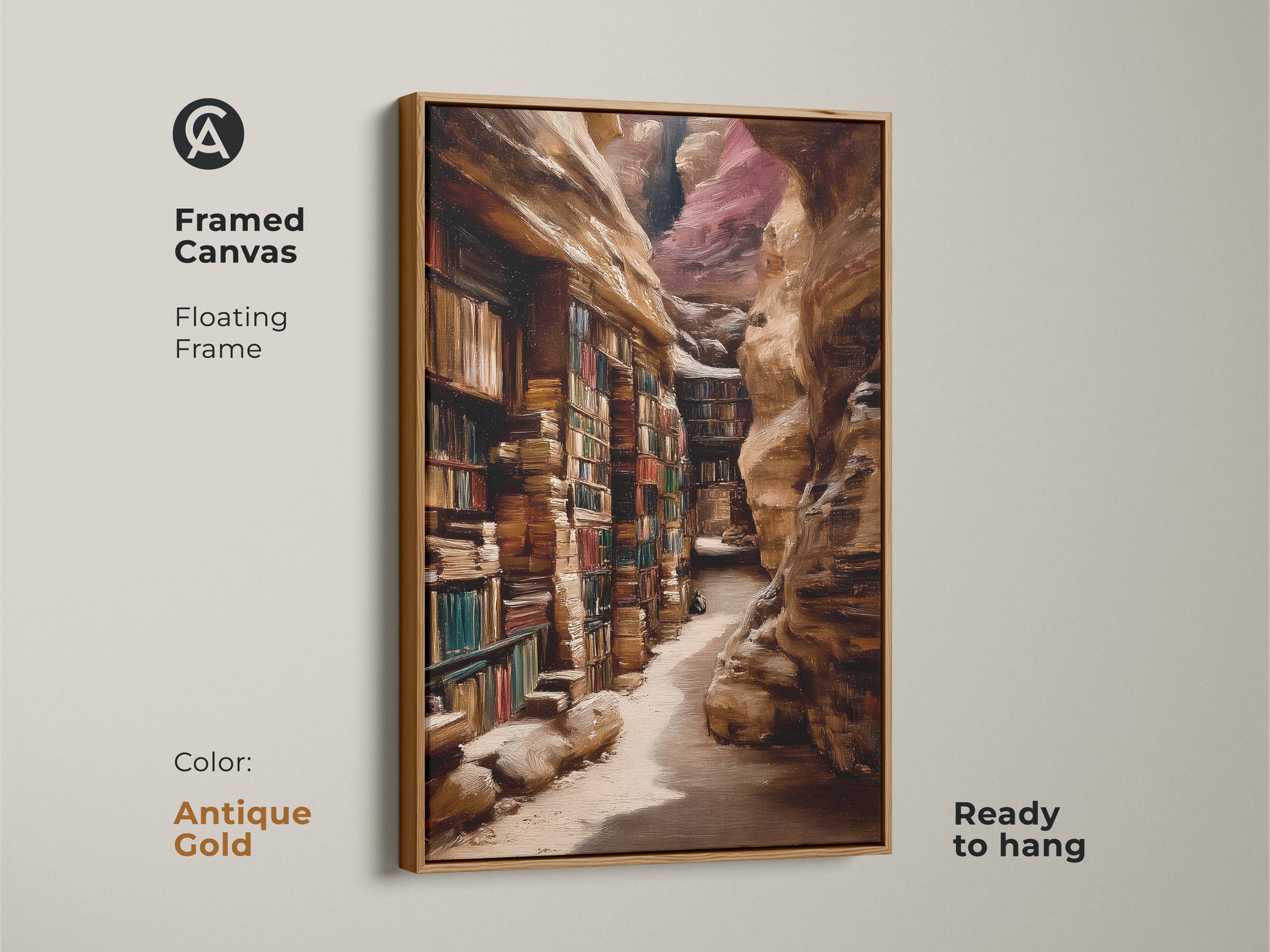 This framed canvas presents a canyon library art piece. The antique gold floating frame accentuates the oil painting style. This traditional study decor delights book lovers and admirers of realistic architecture. A unique wall hanging for a cozy home office. A literary themed art print.