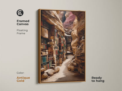 This framed canvas presents a canyon library art piece. The antique gold floating frame accentuates the oil painting style. This traditional study decor delights book lovers and admirers of realistic architecture. A unique wall hanging for a cozy home office. A literary themed art print.