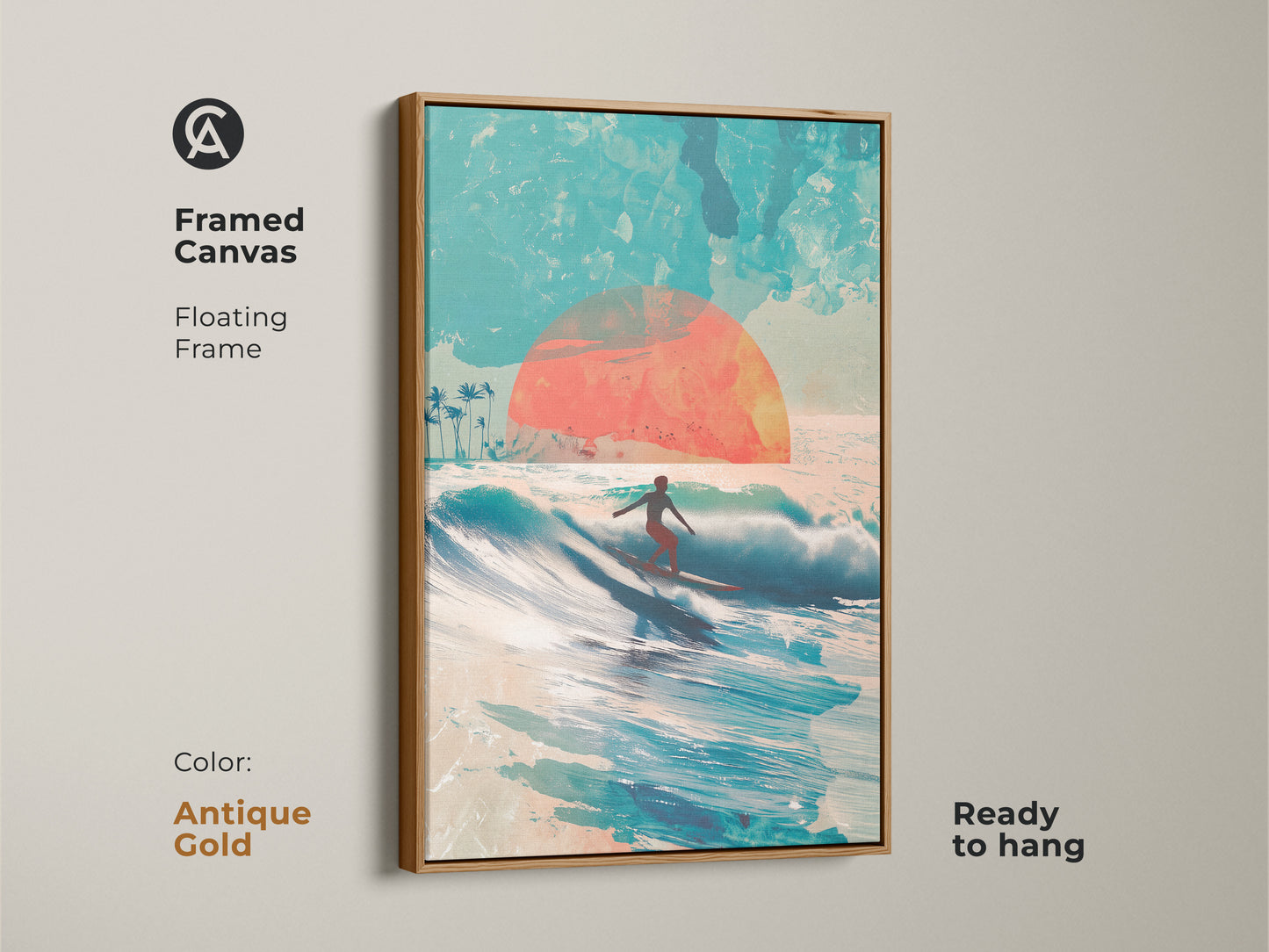 Antique gold framed canvas art featuring a surfer riding a wave during sunset. The floating frame adds a touch of elegance to this ocean-themed artwork. This piece is ready to hang and enhances any room's decor. Add a sophisticated coastal vibe to your home.