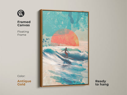 Antique gold framed canvas art featuring a surfer riding a wave during sunset. The floating frame adds a touch of elegance to this ocean-themed artwork. This piece is ready to hang and enhances any room's decor. Add a sophisticated coastal vibe to your home.