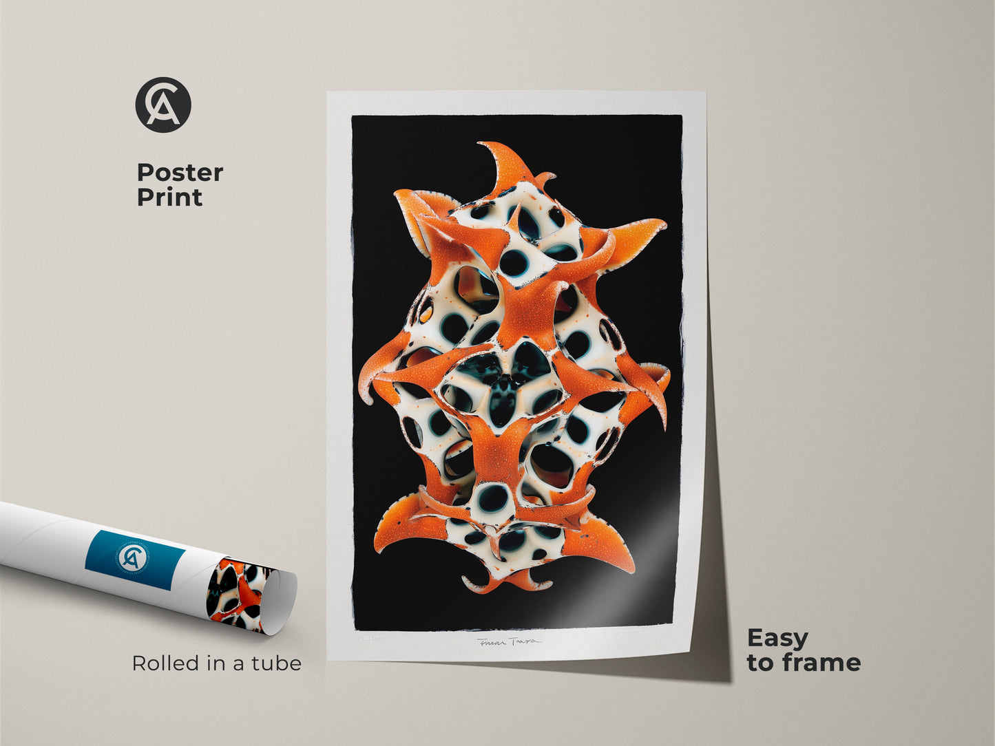 Poster print featuring surreal organic sculpture. The orange black and white abstract forms are captivating. It arrives rolled in a tube. Making it an easy to frame contemporary starfish wall art.