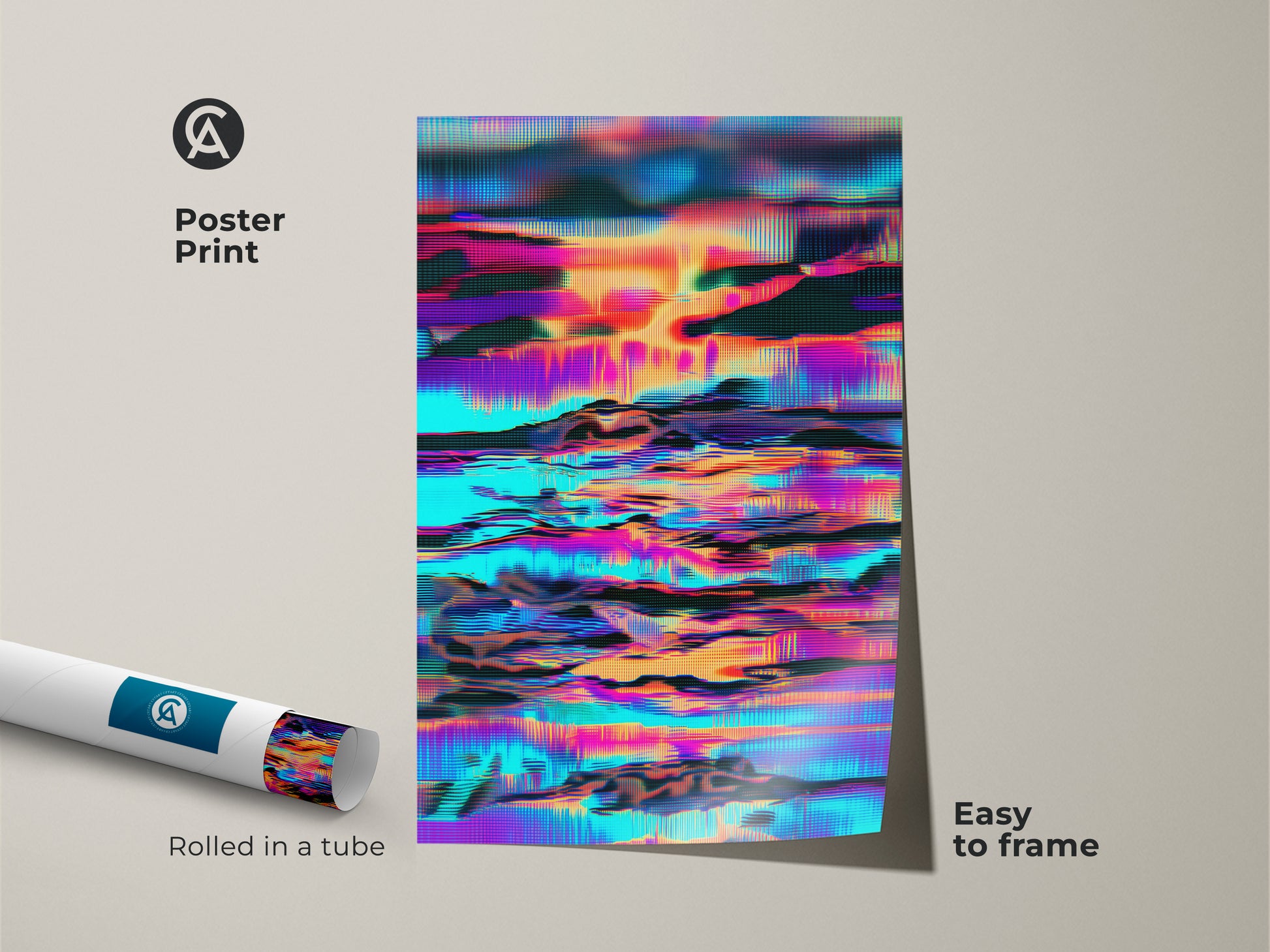 Poster print of an abstract glitch art skyline landscape. The artwork blends cyan orange and purple colors. This modern digital artwork is easy to frame. It arrives rolled in a tube making it a convenient choice for home decor and art enthusiasts.