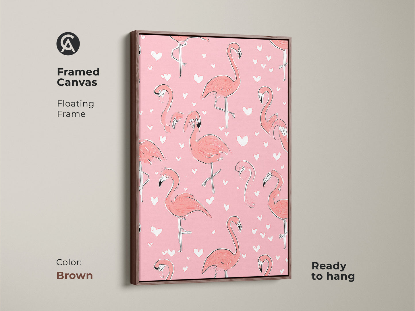 Framed canvas with floating frame in a brown featuring a coral pink flamingo art print. The boho heart pattern adds a cute touch to this animal artwork. This flamingo themed artwork is ready to hang. A playful piece brings a whimsical feel and a pop of color.