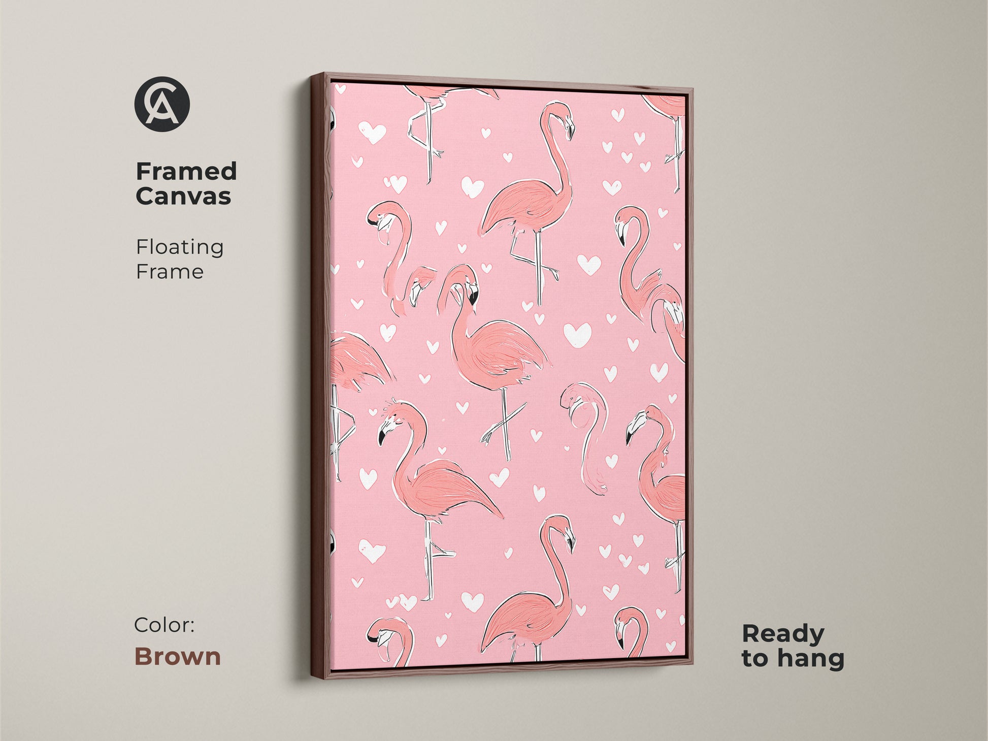 Framed canvas with floating frame in a brown featuring a coral pink flamingo art print. The boho heart pattern adds a cute touch to this animal artwork. This flamingo themed artwork is ready to hang. A playful piece brings a whimsical feel and a pop of color.