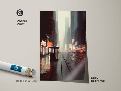 Poster print of an urban cityscape at night. This city night street canvas is rolled in a tube for easy framing. The muted grey blue yellow art offers a cinematic urban landscape for modern industrial decor.