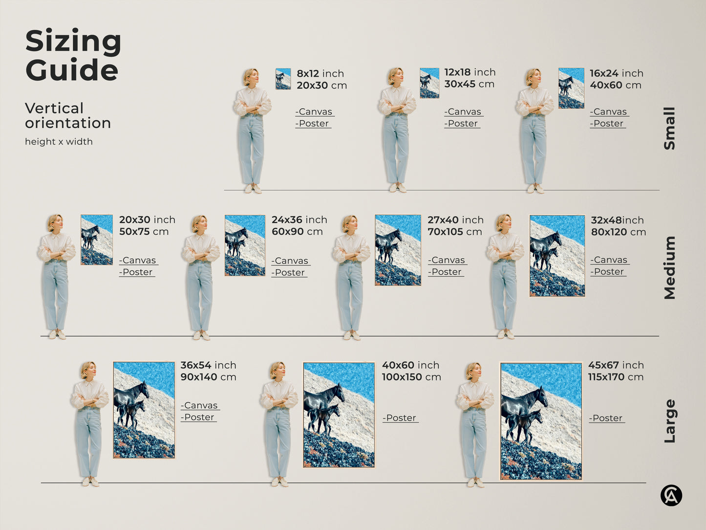 Sizing guide for horse and foal canvas and poster prints. Artwork sizes range from small to large. The vertical orientation suits various spaces. Find the perfect fit for your equestrian decor.