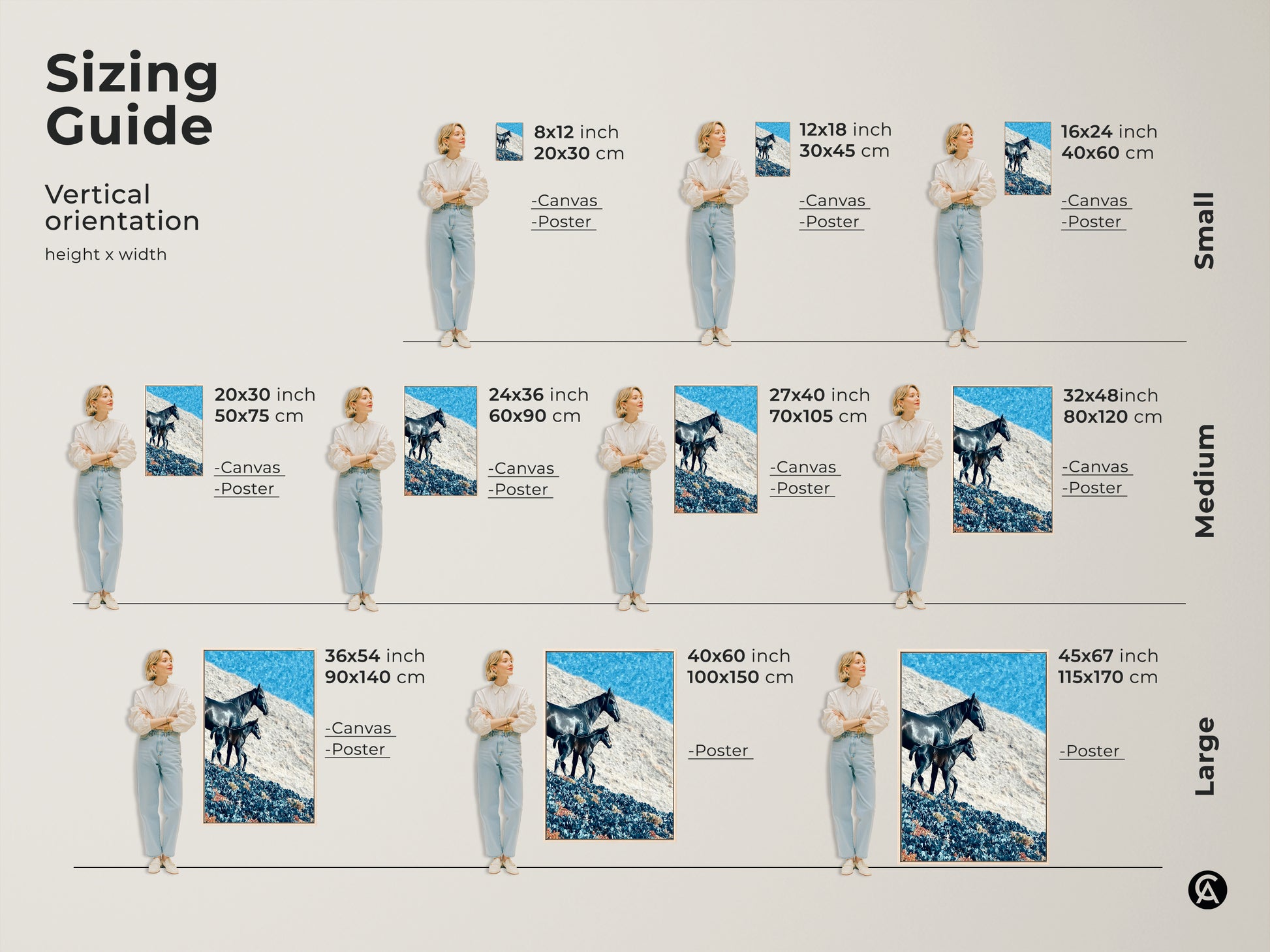 Sizing guide for horse and foal canvas and poster prints. Artwork sizes range from small to large. The vertical orientation suits various spaces. Find the perfect fit for your equestrian decor.