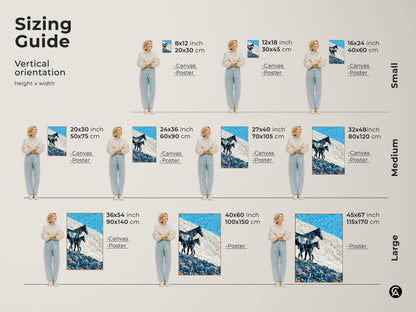 Sizing guide for horse and foal canvas and poster prints. Artwork sizes range from small to large. The vertical orientation suits various spaces. Find the perfect fit for your equestrian decor.