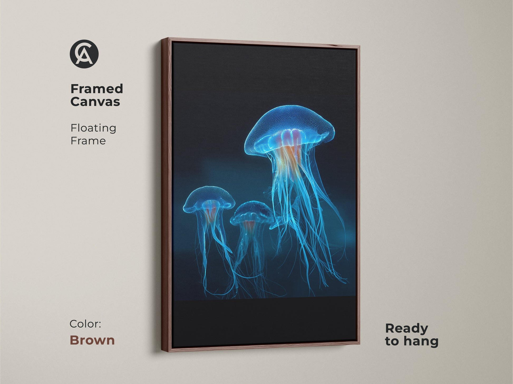 Framed canvas in brown showcases bioluminescent jellyfish. The floating frame enhances the electric blue ocean artwork. This contemporary artwork is ready to hang and adds a touch of marine biology to any room.