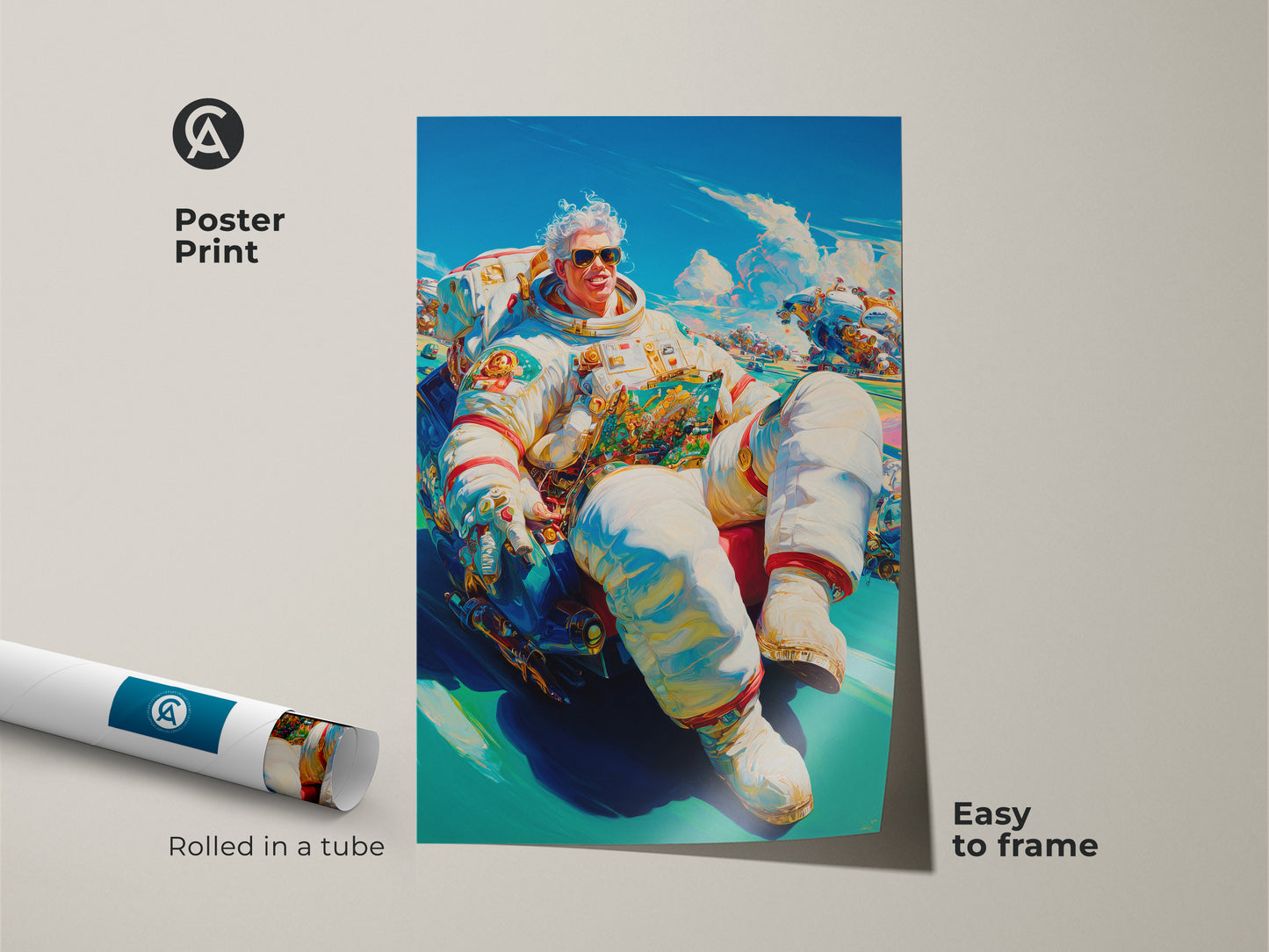 A stylish poster print showcasing an astronaut. The astronaut is lounging in a futuristic vehicle. The print is easy to frame. Rolled in a tube for protection. A perfect addition for space enthusiasts and modern art collectors.
