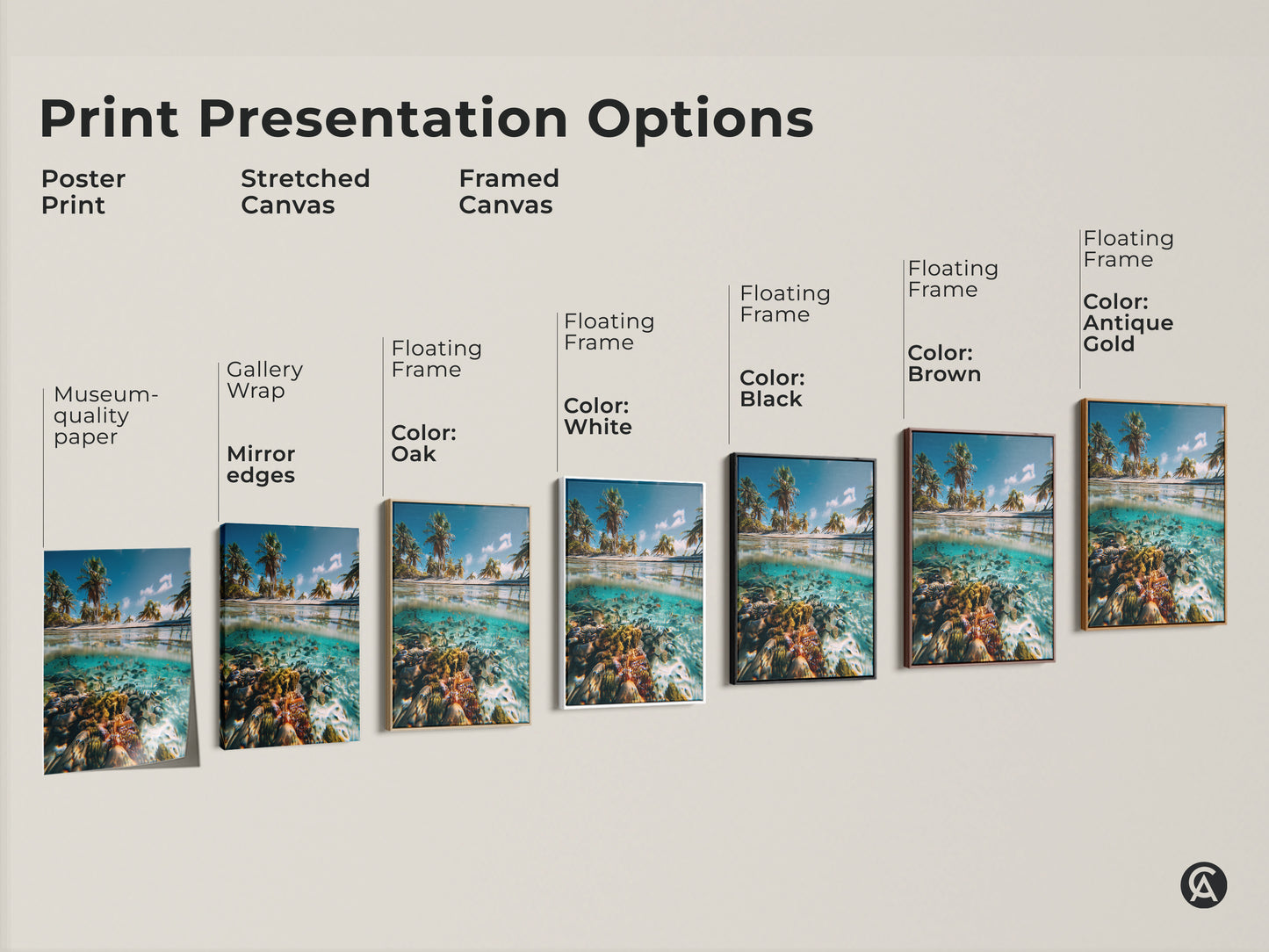 Print presentation options showcasing poster prints stretched canvas and framed canvas. The split view ocean artwork features a tropical beach with palm trees and a coral reef. Choose from various frame colors like oak white black brown and antique gold for your coastal wall decor.