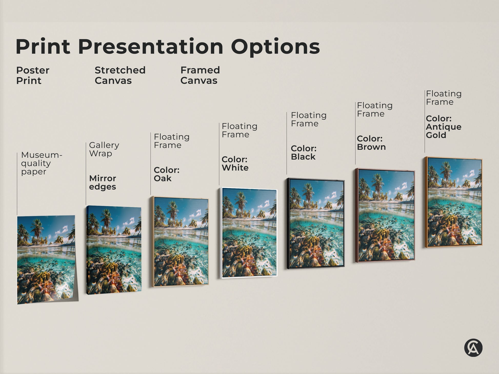 Print presentation options showcasing poster prints stretched canvas and framed canvas. The split view ocean artwork features a tropical beach with palm trees and a coral reef. Choose from various frame colors like oak white black brown and antique gold for your coastal wall decor.