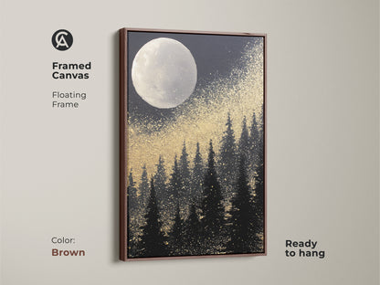 Enhance your home with this framed abstract moon forest canvas art. The brown frame adds warmth to the gold splatter night sky art. The black and white celestial landscape offers a striking contrast. This eclectic bedroom wall decor brings nature indoors. A unique housewarming gift for art lovers. It is ready to hang and enjoy.