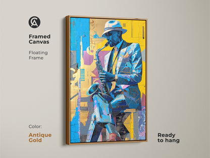 Framed canvas art in an antique gold frame. The art features a saxophone player. The colorful jazz art is ready to hang. The frame adds a vintage touch. This painting brings musical energy to your space.