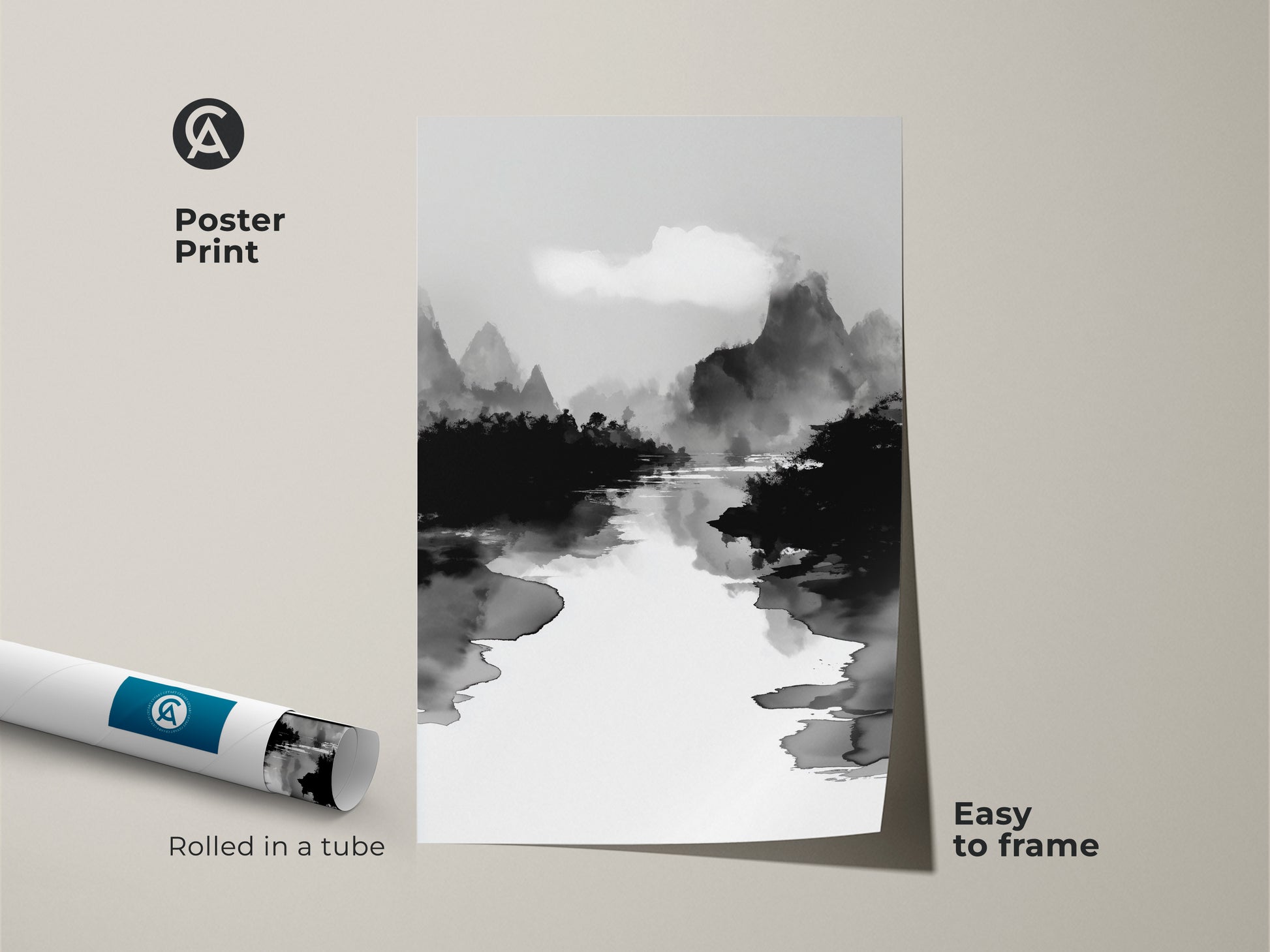Poster print of a black white ink wash art piece. This minimalist mountain river landscape canvas comes rolled in a tube for easy framing. The Japanese Sumi-e style artwork adds a touch of calm nature to your walls. Perfect for a Japandi bedroom decor or a minimalist office landscape print.