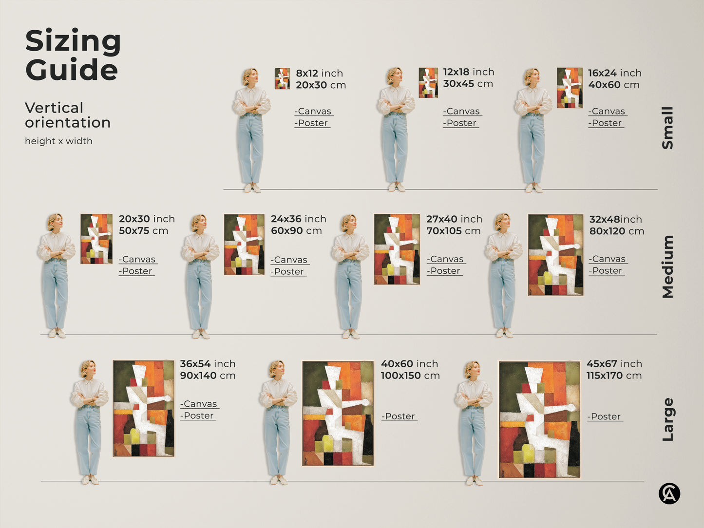Sizing guide for vertical abstract geometric artwork. Available in canvas and poster prints. Choose the perfect size for your space from small medium and large options. Find the ideal art for your home.