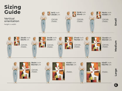 Sizing guide for vertical abstract geometric artwork. Available in canvas and poster prints. Choose the perfect size for your space from small medium and large options. Find the ideal art for your home.