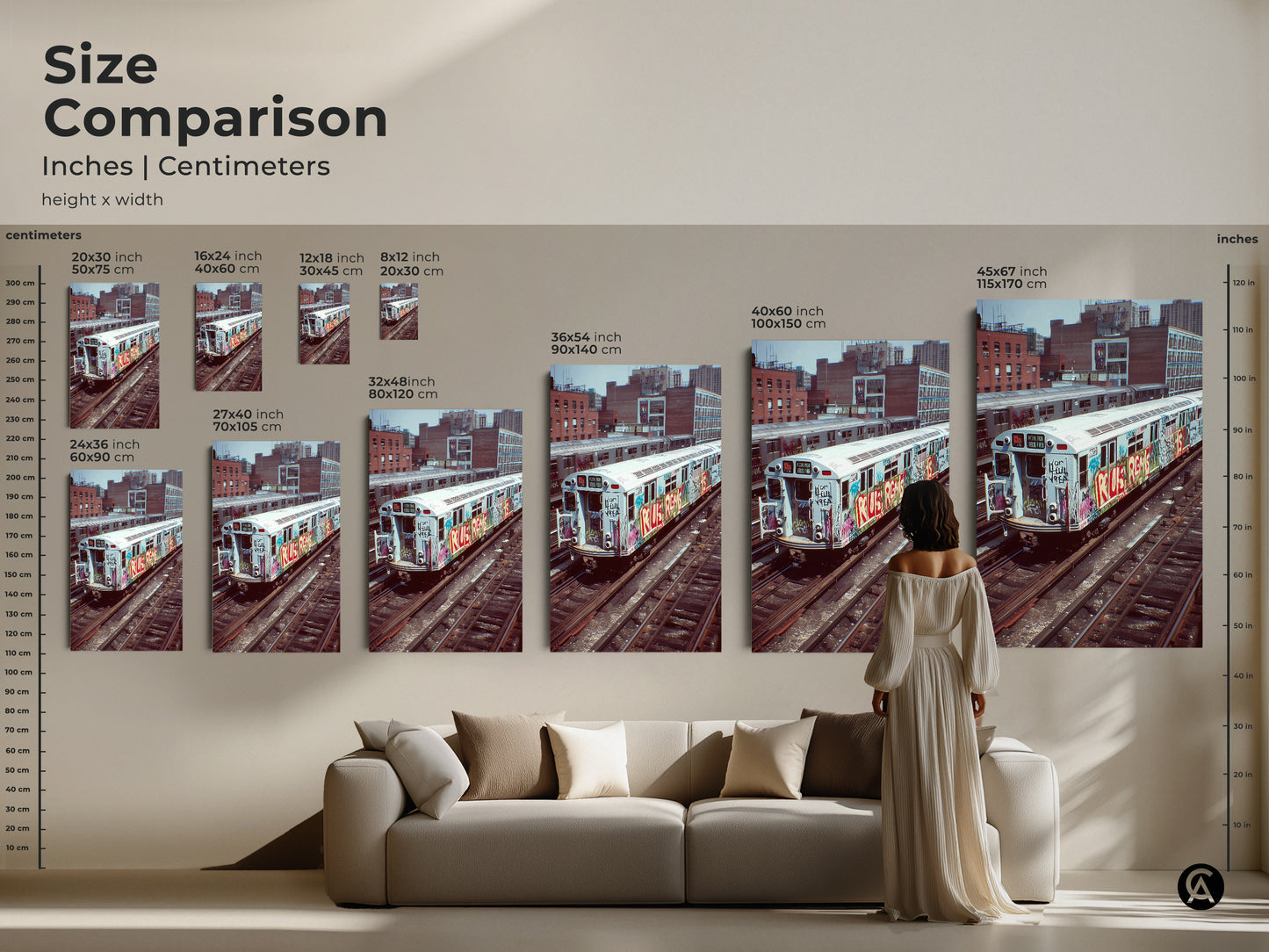 Size comparison of graffiti subway train artwork. See various canvas and poster sizes in inches and centimeters. Perfect industrial loft decor and cityscape art for any room. A unique hip hop fan gift.
