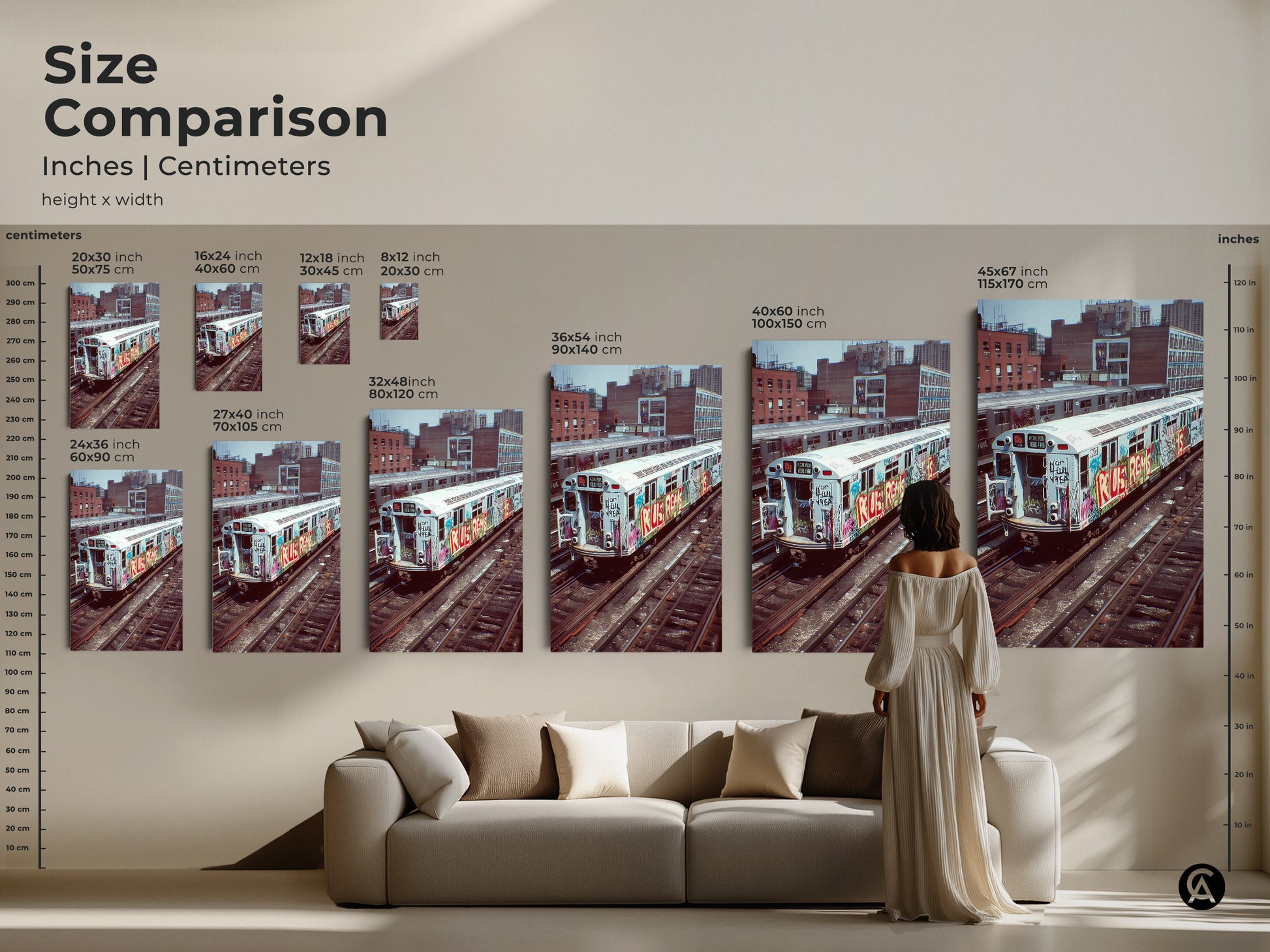 Size comparison of graffiti subway train artwork. See various canvas and poster sizes in inches and centimeters. Perfect industrial loft decor and cityscape art for any room. A unique hip hop fan gift.
