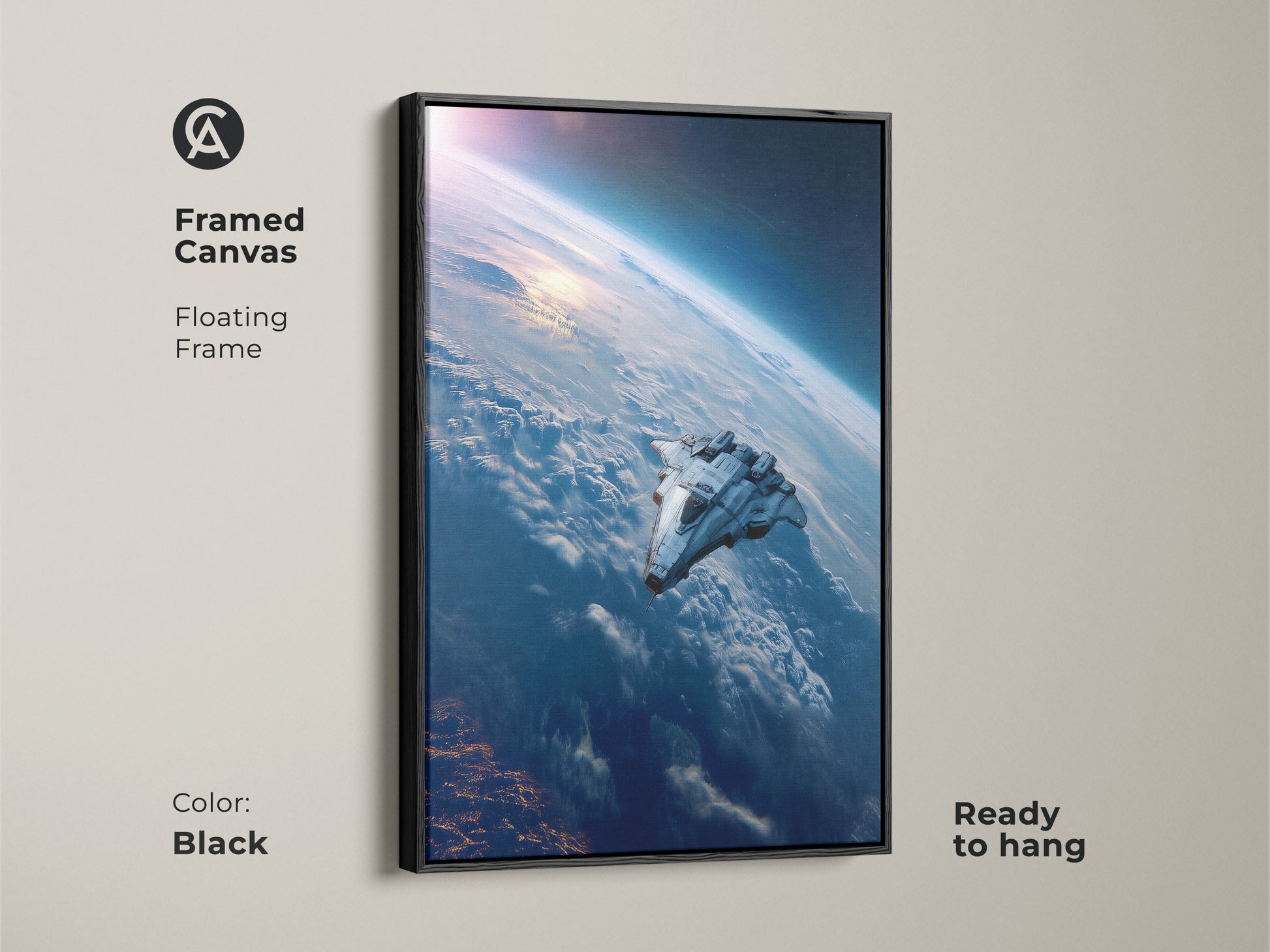 Black Framed Canvas Sci-Fi Space Art Print displaying a futuristic spaceship over Earth. This ready-to-hang deep blue artwork adds a modern science fiction touch to any room.