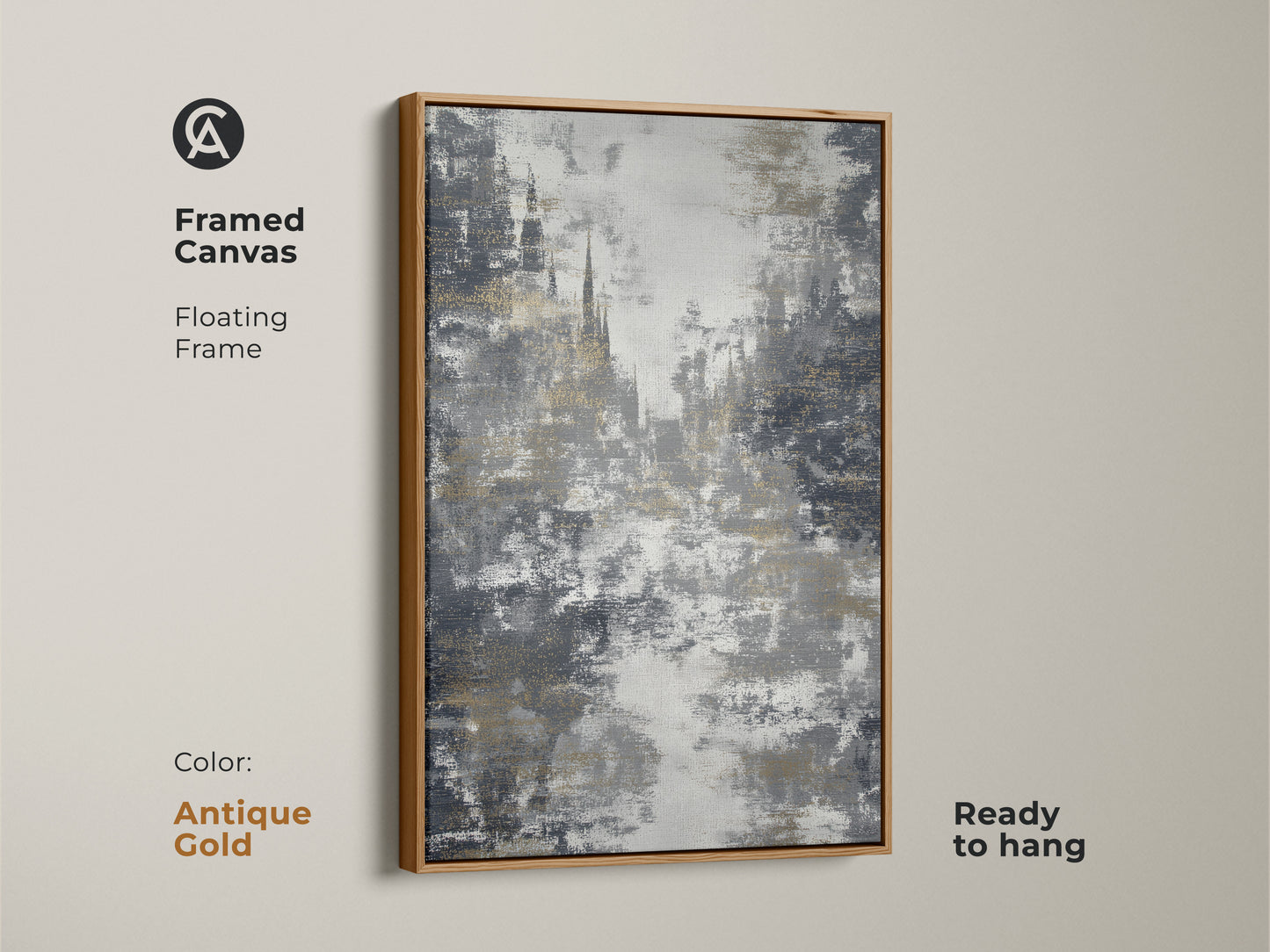 The antique gold frame highlights this charcoal gold wall art. The textured abstract print is ready to hang. This contemporary office decor features gothic architecture art. The abstract city view is refined. This art makes an excellent housewarming gift.