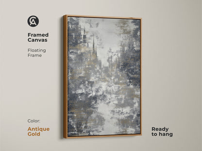 The antique gold frame highlights this charcoal gold wall art. The textured abstract print is ready to hang. This contemporary office decor features gothic architecture art. The abstract city view is refined. This art makes an excellent housewarming gift.