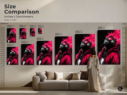 Size comparison of edgy artwork in inches and centimeters. The art features a person in headphones with pink flames. See how different sizes complement your living space. Perfect for planning your art arrangement.