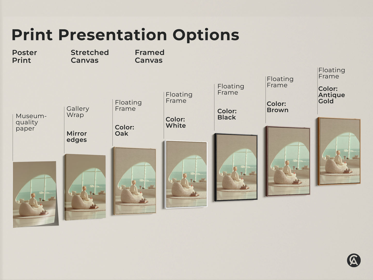 Print Presentation Options shows the minimalist woman meditation art print. Choose from poster stretched or framed canvas. Available in black brown white and antique gold options.
