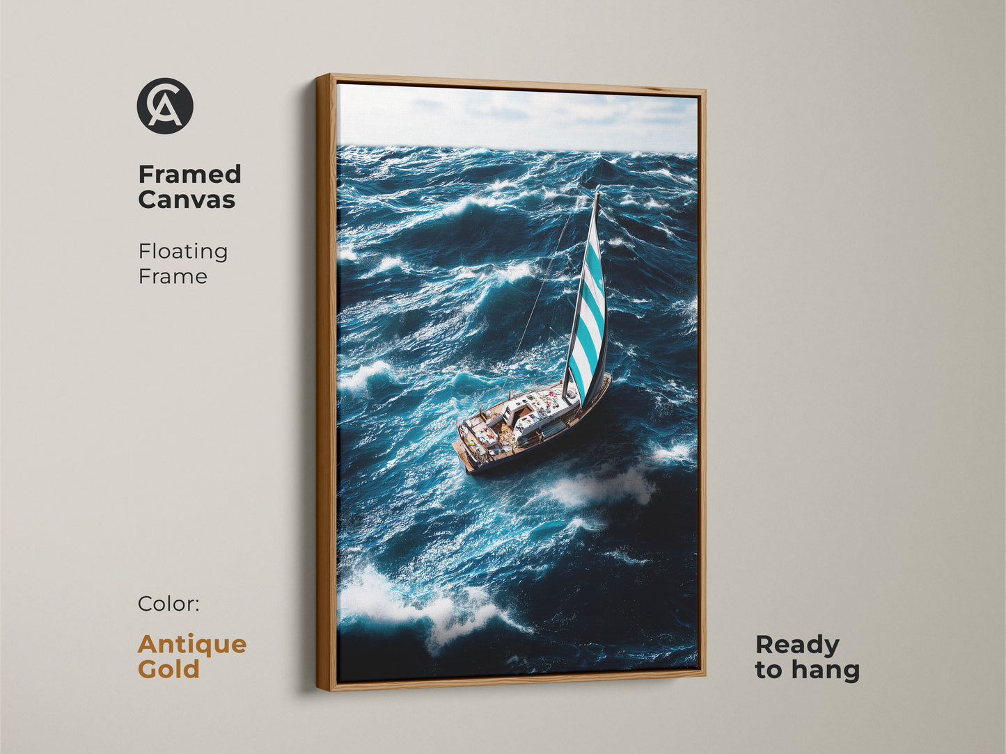 Framed canvas of a sailboat sailing through ocean waves. The floating frame is antique gold in color. This deep blue and teal ocean art adds elegance to any room. Realistic sailboat painting for coastal home decor. Perfect gift for sailors