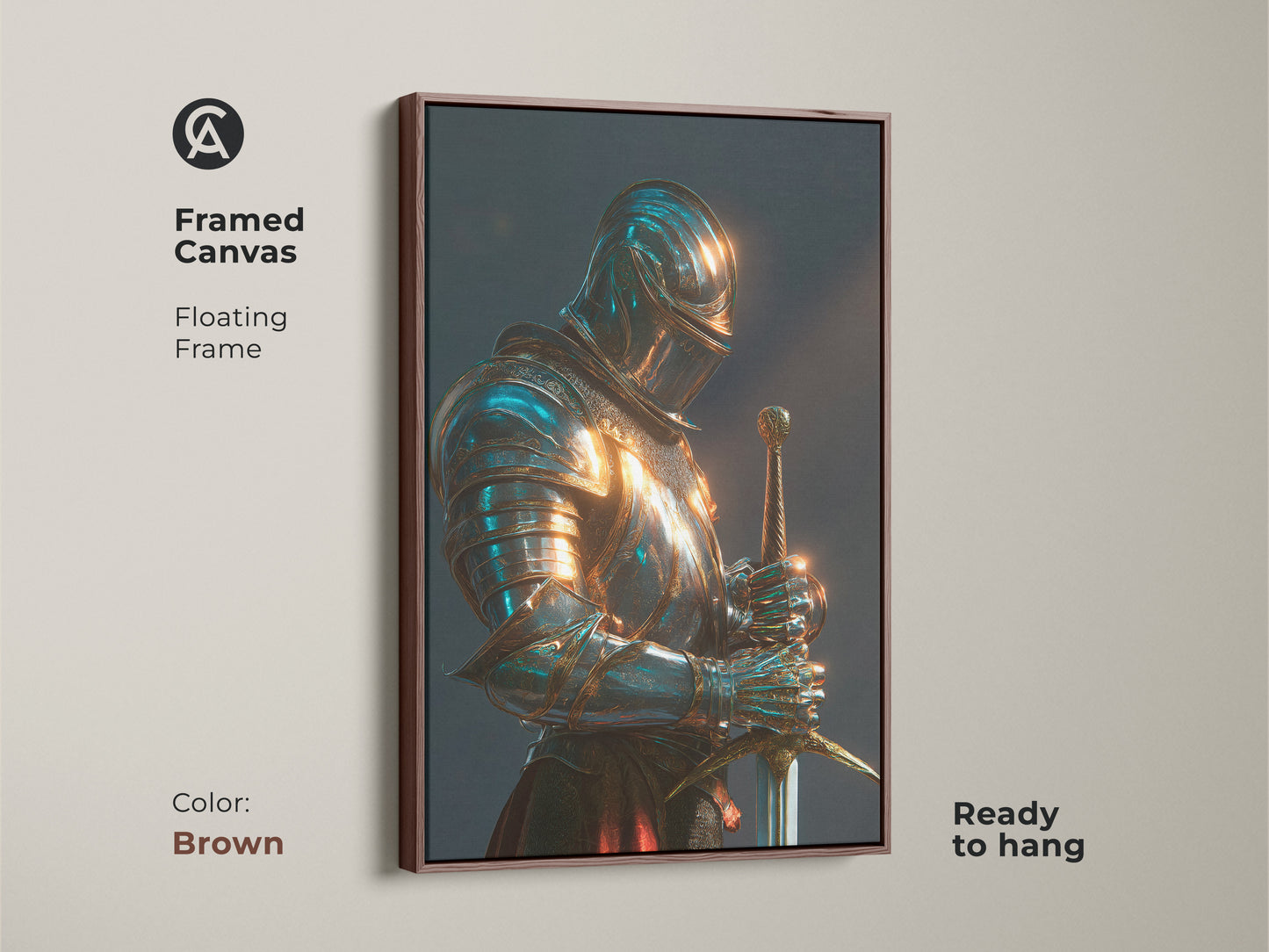 Framed canvas art showcasing a medieval knight in full armor. This dark academia art piece has a floating brown frame. The fantasy knight artwork is ready to hang. A historical armor wall art perfect for office or study room decor. Add this teal gold knight art to your home.