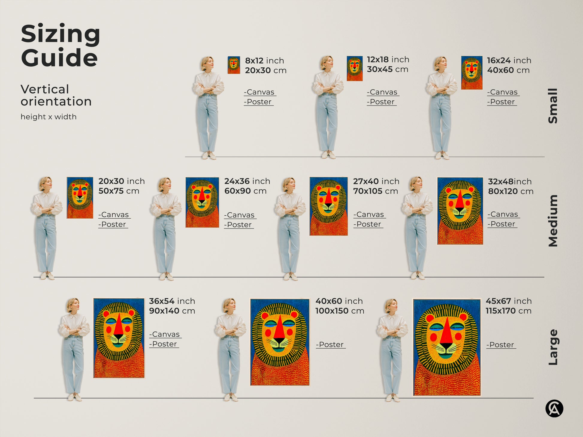 Sizing guide showing a colorful lion art print in various sizes. From small to large options available in canvas and poster prints. The geometric animal face looks great in any size. Enhance your home decor.